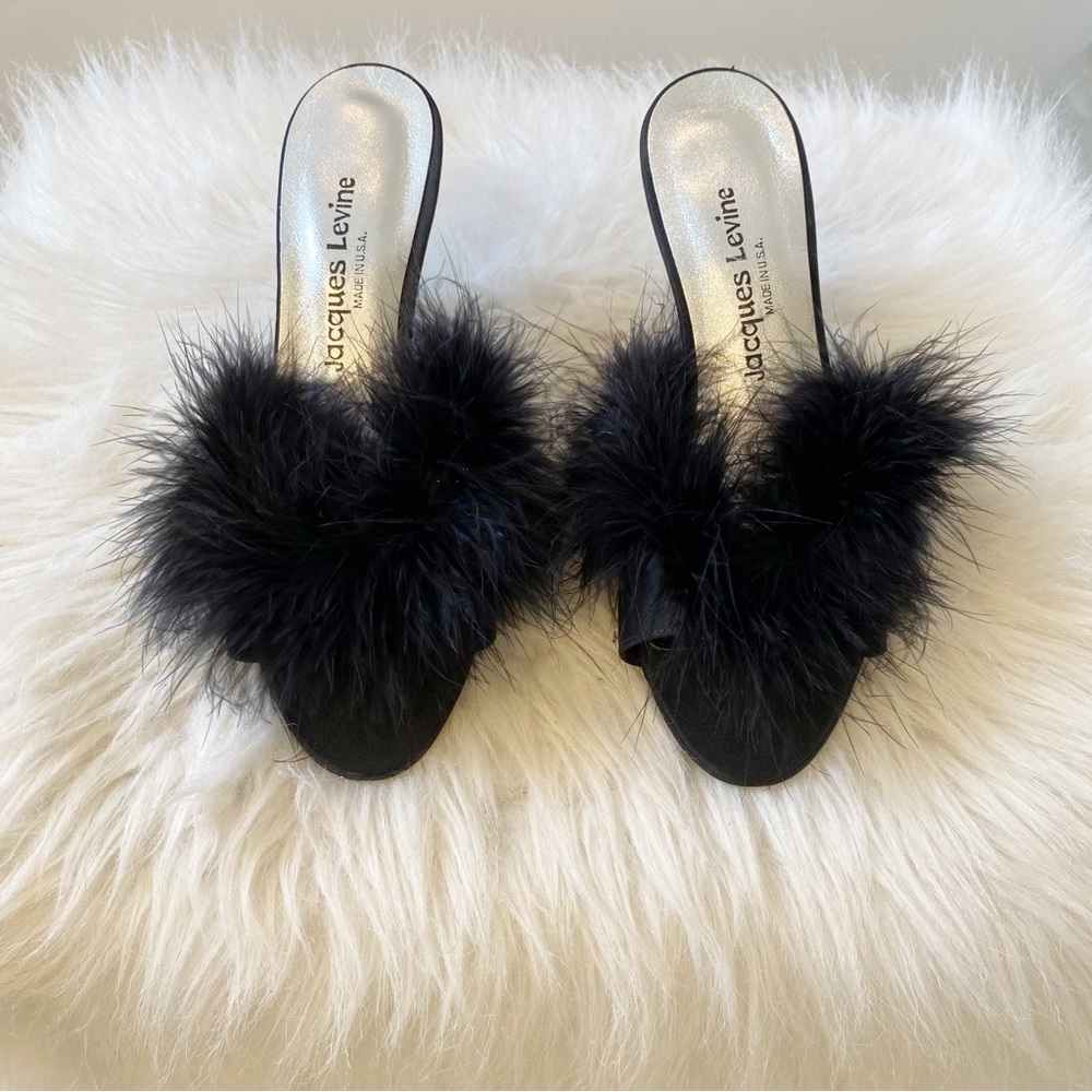 Jacques Levine Sz 7M Black Feather Heels Mules Vintage - Picture 2 of 10